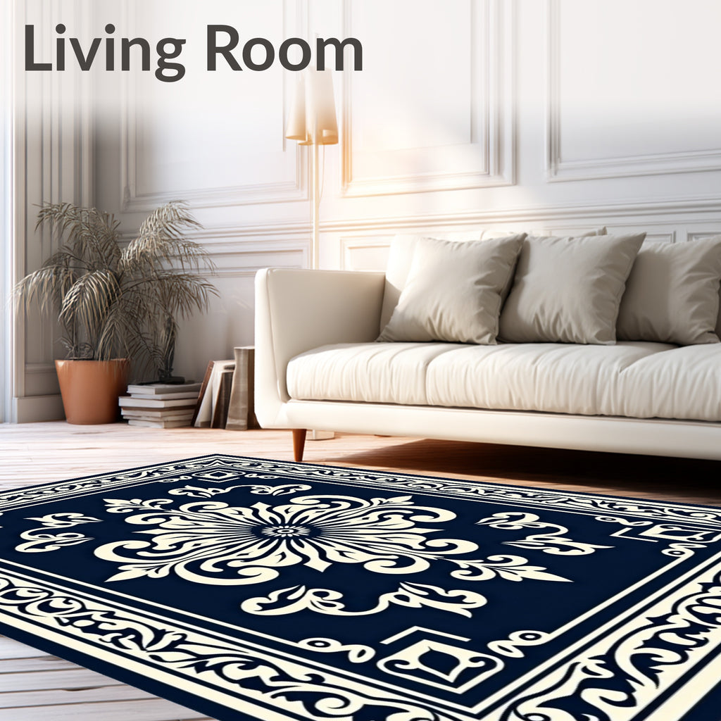 Ornate Cream Floral Navy Blue Accent Rug
