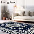 Ornate Cream Floral Navy Blue Accent Rug