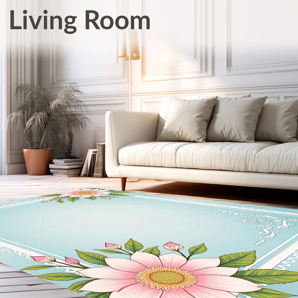 Floral Pastel Blue Decorative Frame Rug
