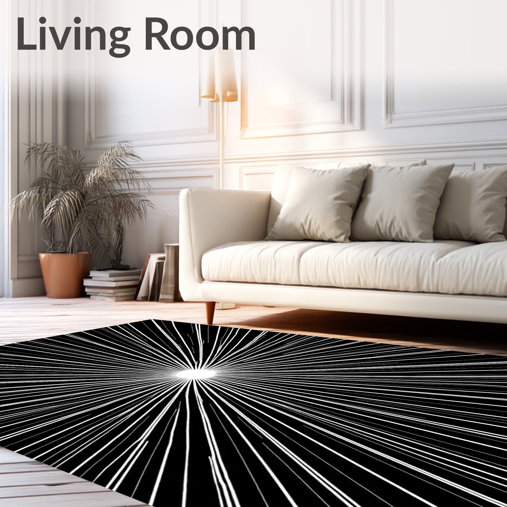 Radiant Burst Black White Line Art Rug