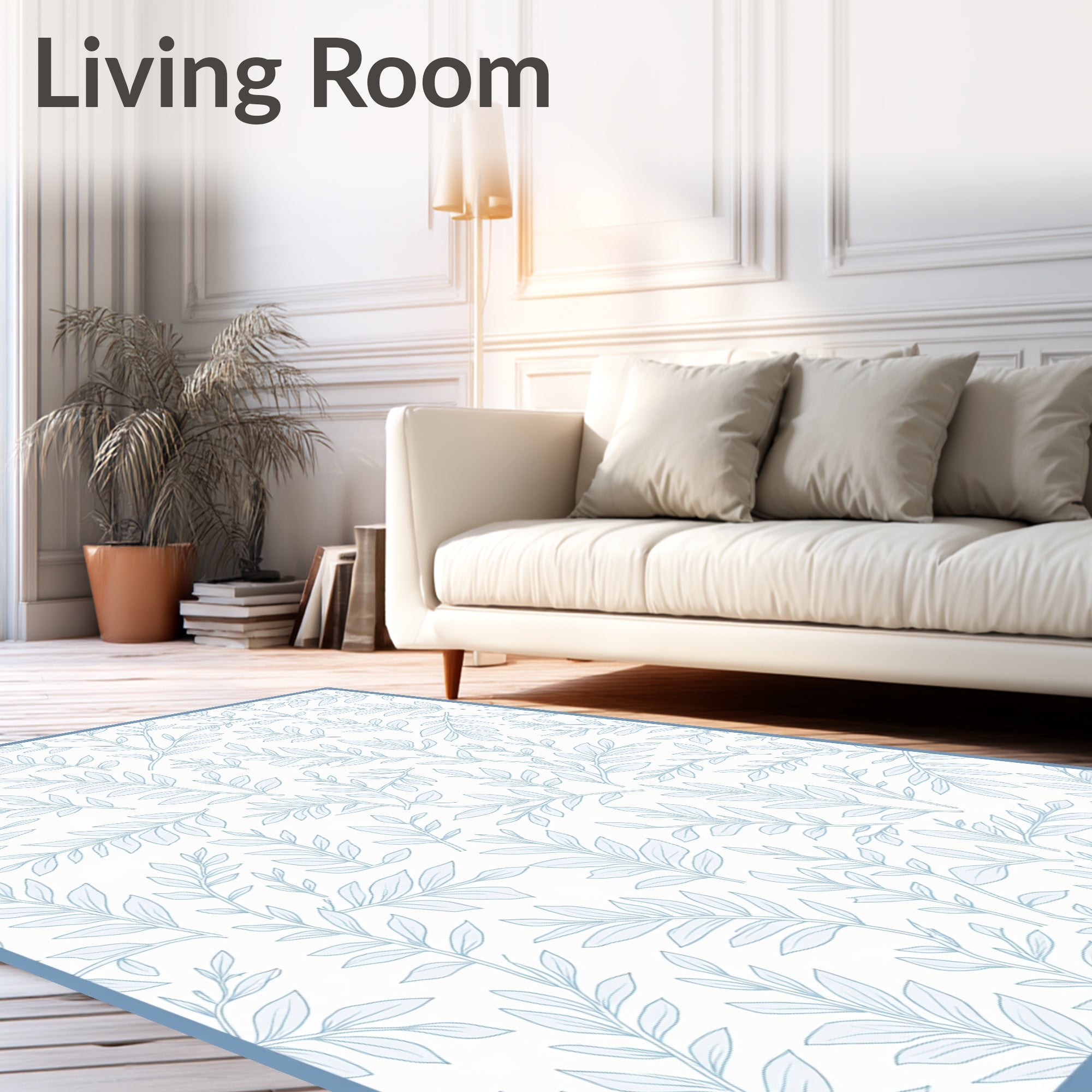 Pale Blue Botanical Branch Pattern Rug