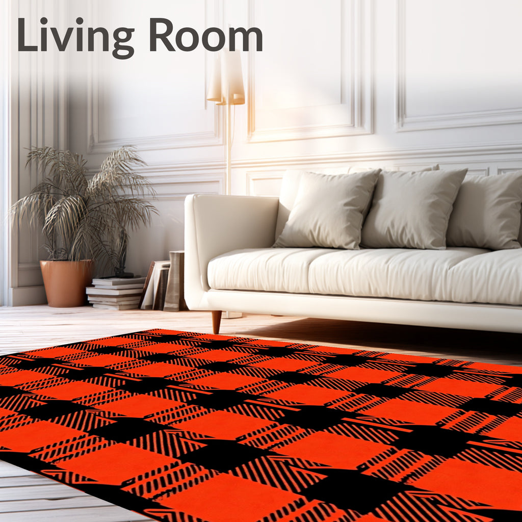 Bold Orange Black Plaid Pattern Rug