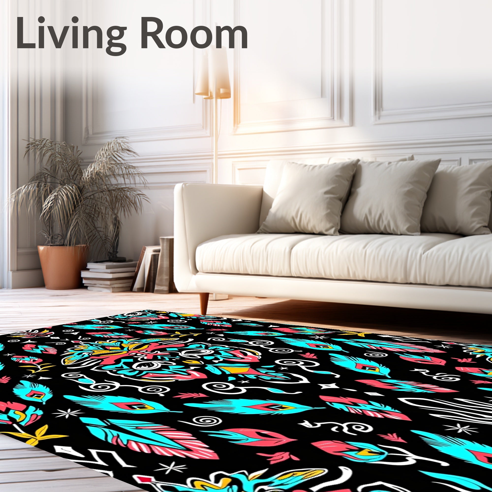 Vibrant Teal Coral Feather Pattern Rug