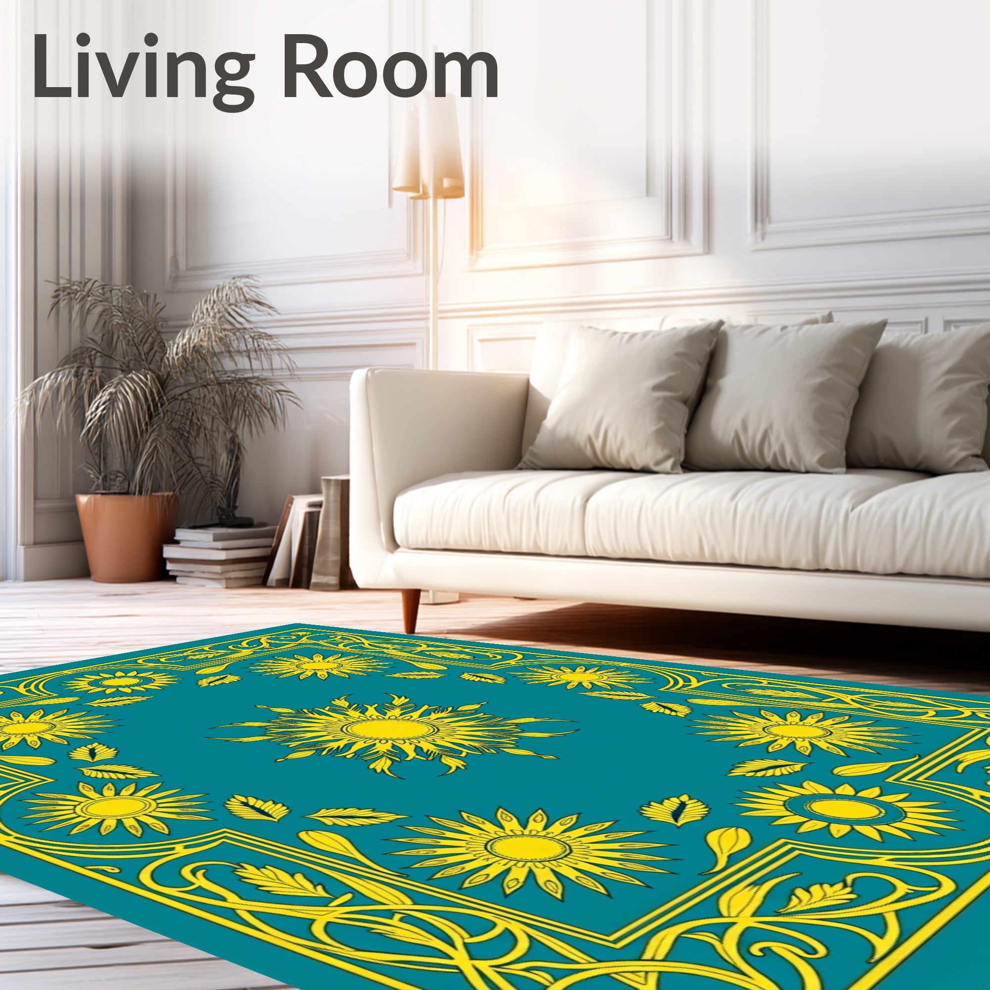 Golden Sunburst Floral Framed Rug