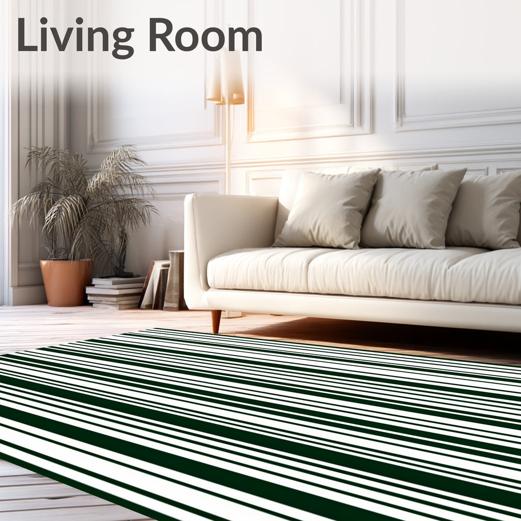 Dark Green White Vertical Stripe Rug