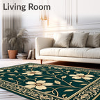 Floral Vine Bordered Dark Green Rug