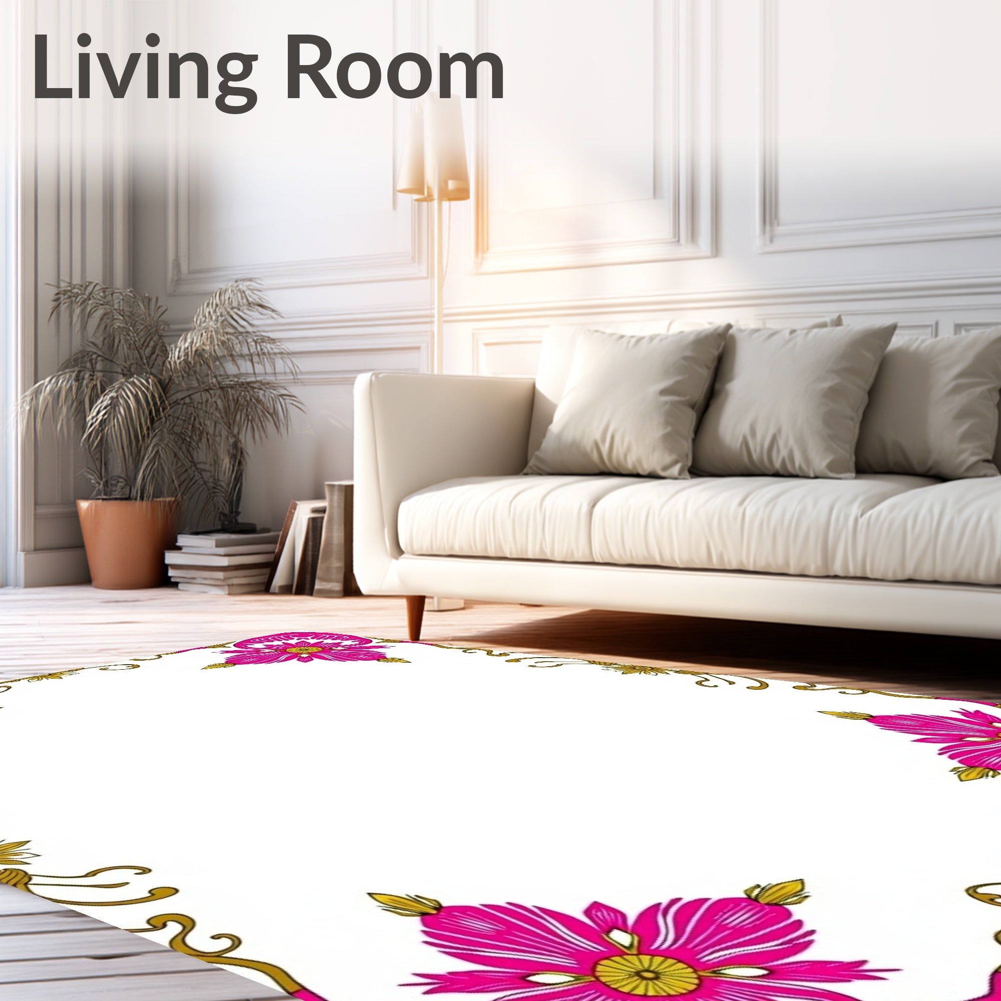 Ornate Pink Floral Golden Border Rug