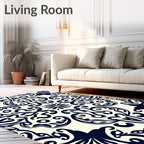 Dark Blue Damask Scroll Pattern Rug