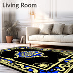Bold Blue Gold Floral Frame Rug