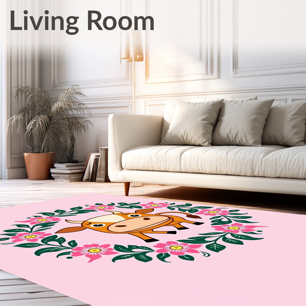 Cute Orange Cow Pink Floral Wreath Rug