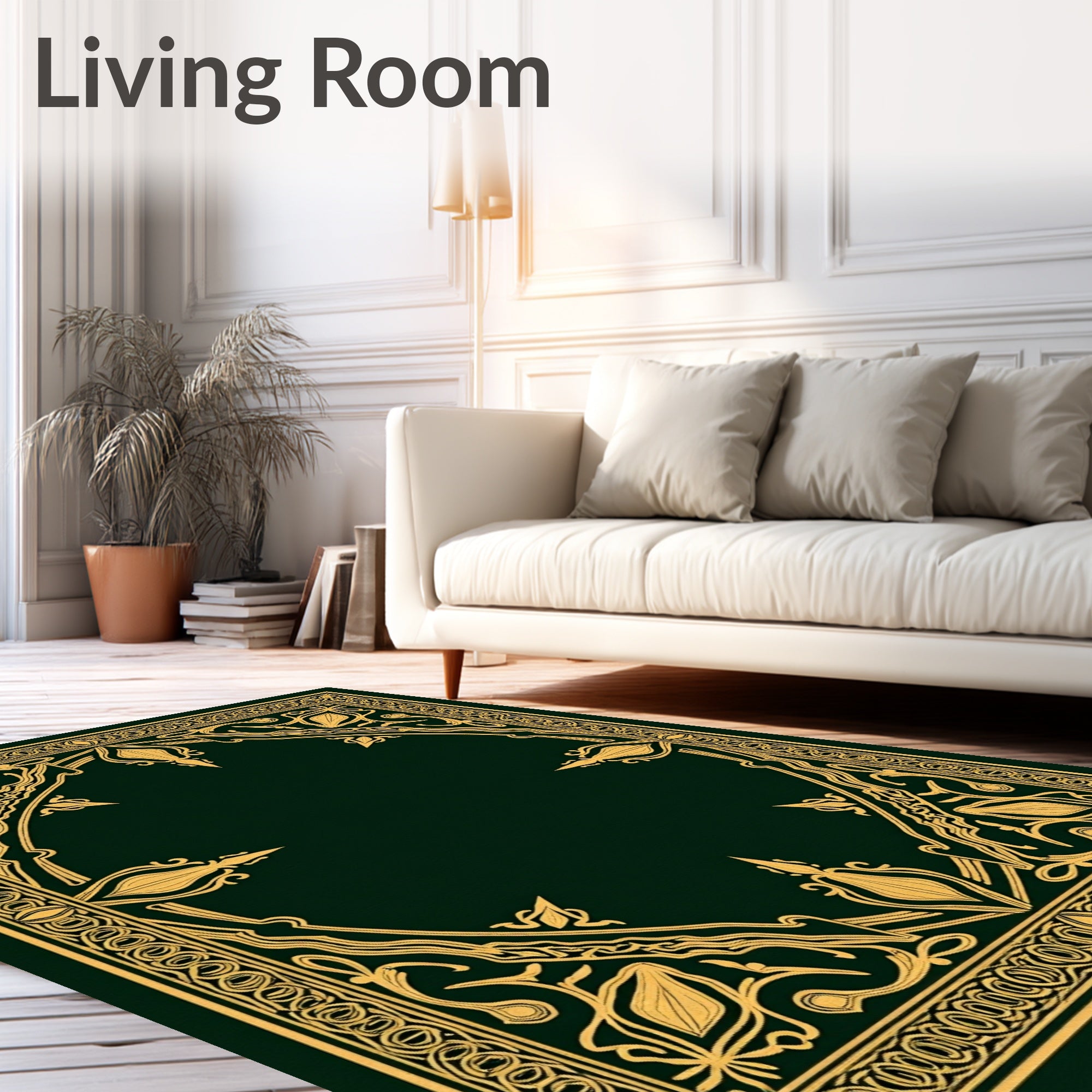 Elegant Gold Floral Motif Border Rug