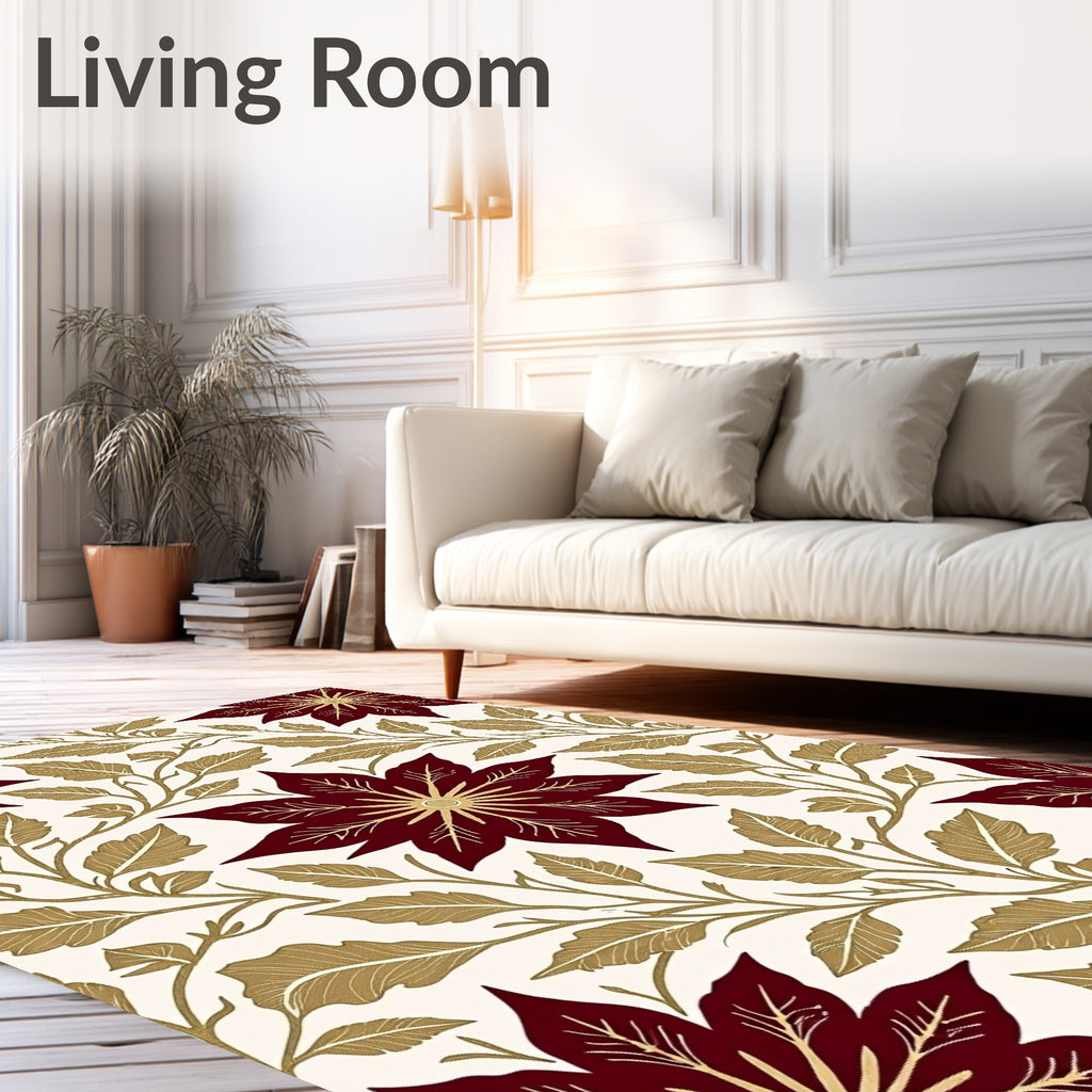 Deep Red Golden Floral Vine Rug