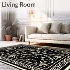 Cream Floral Scrollwork Black Rug