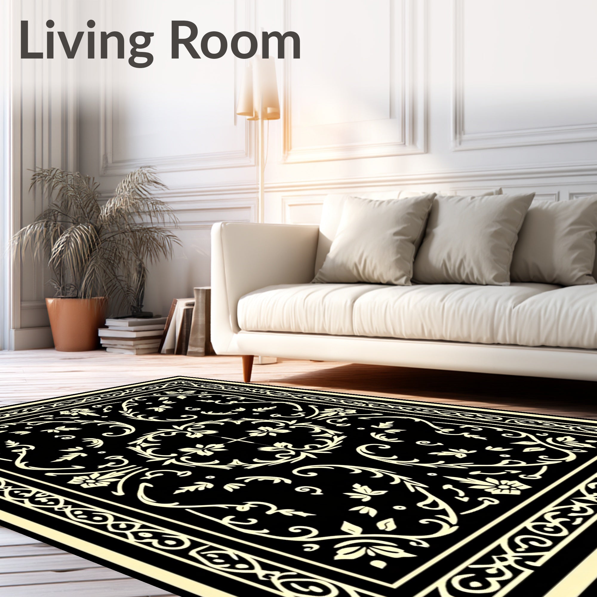 Cream Floral Scrollwork Black Rug