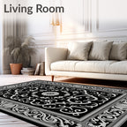Black White Ornate Scrollwork Rug