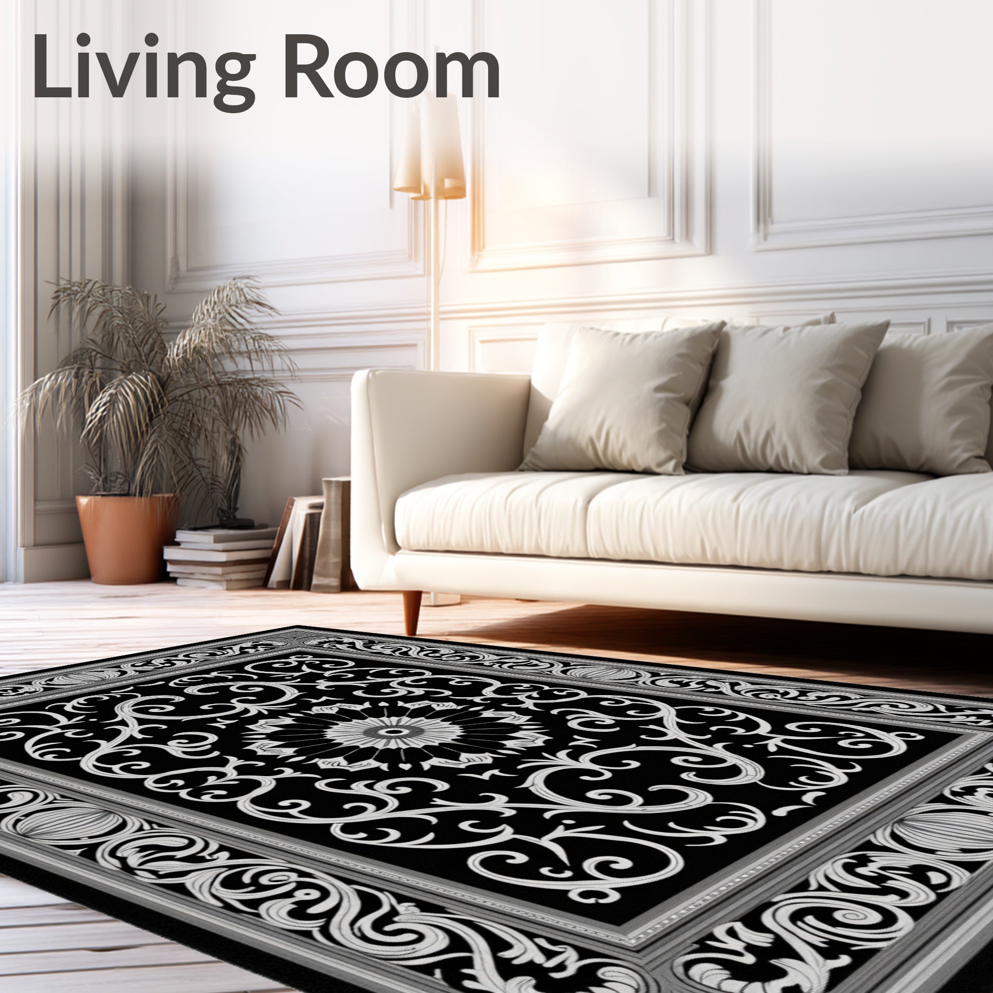 Black White Ornate Scrollwork Rug