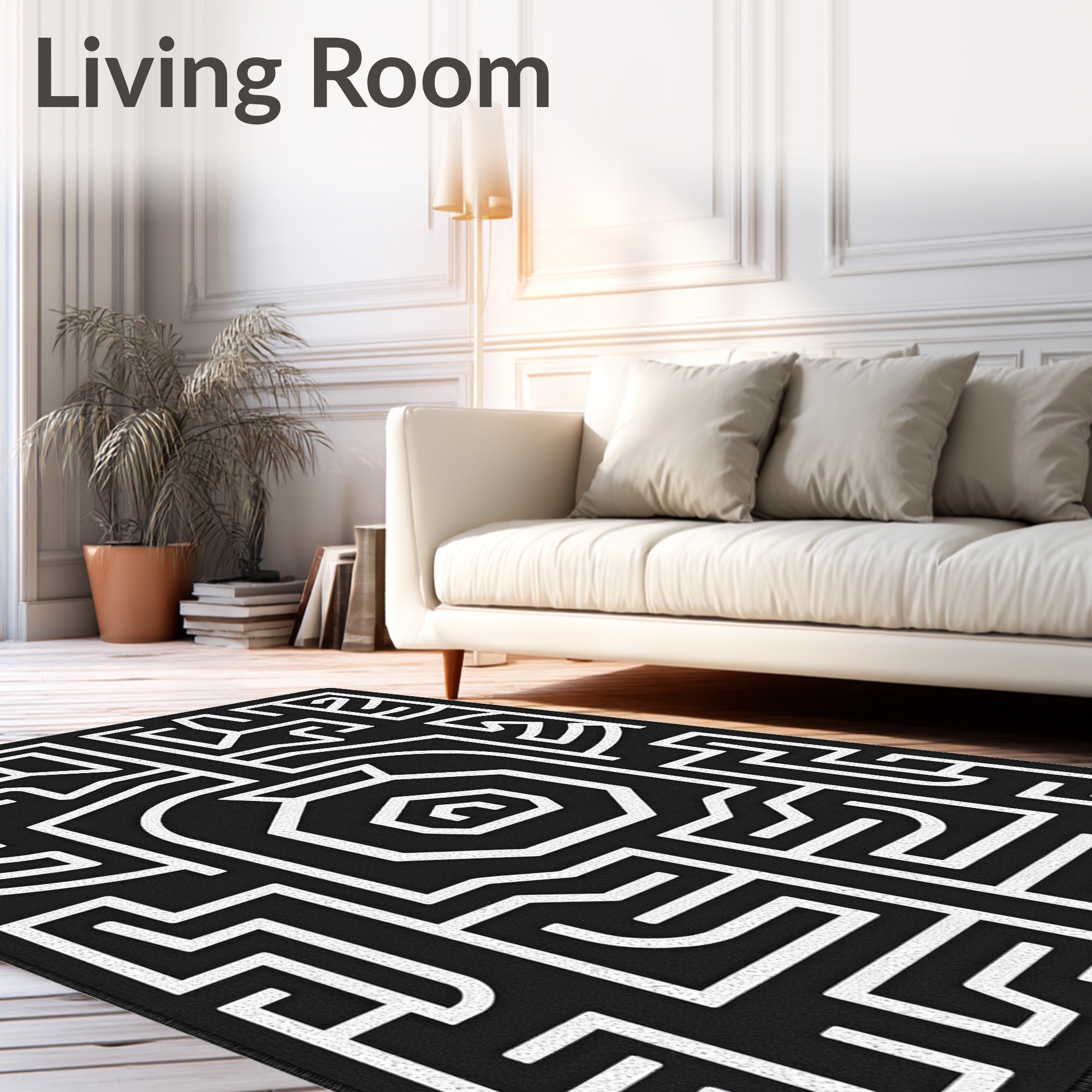 Abstract Black White Maze Pattern Rug