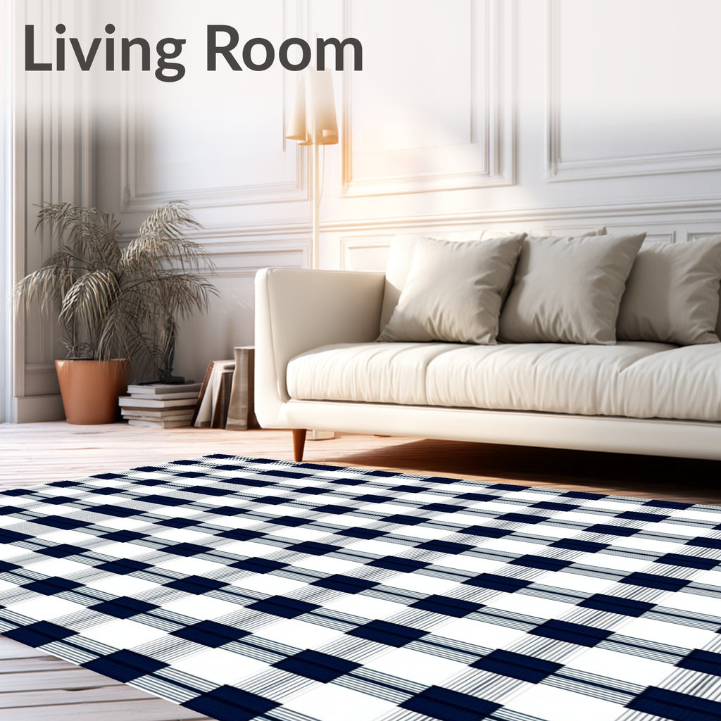 Classic Blue White Plaid Design Rug