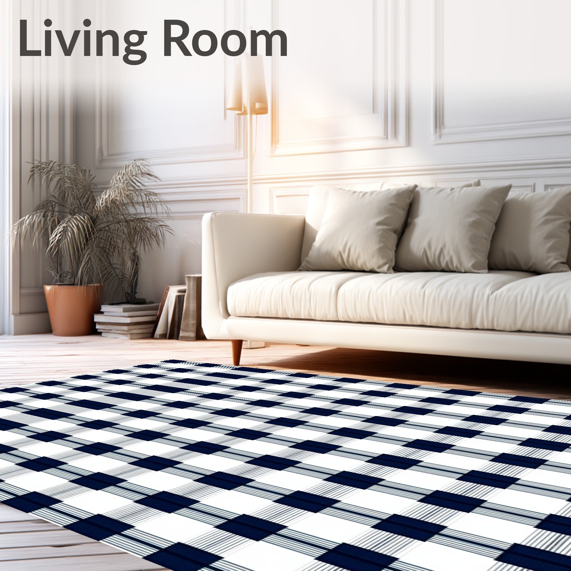 Classic Blue White Plaid Design Rug