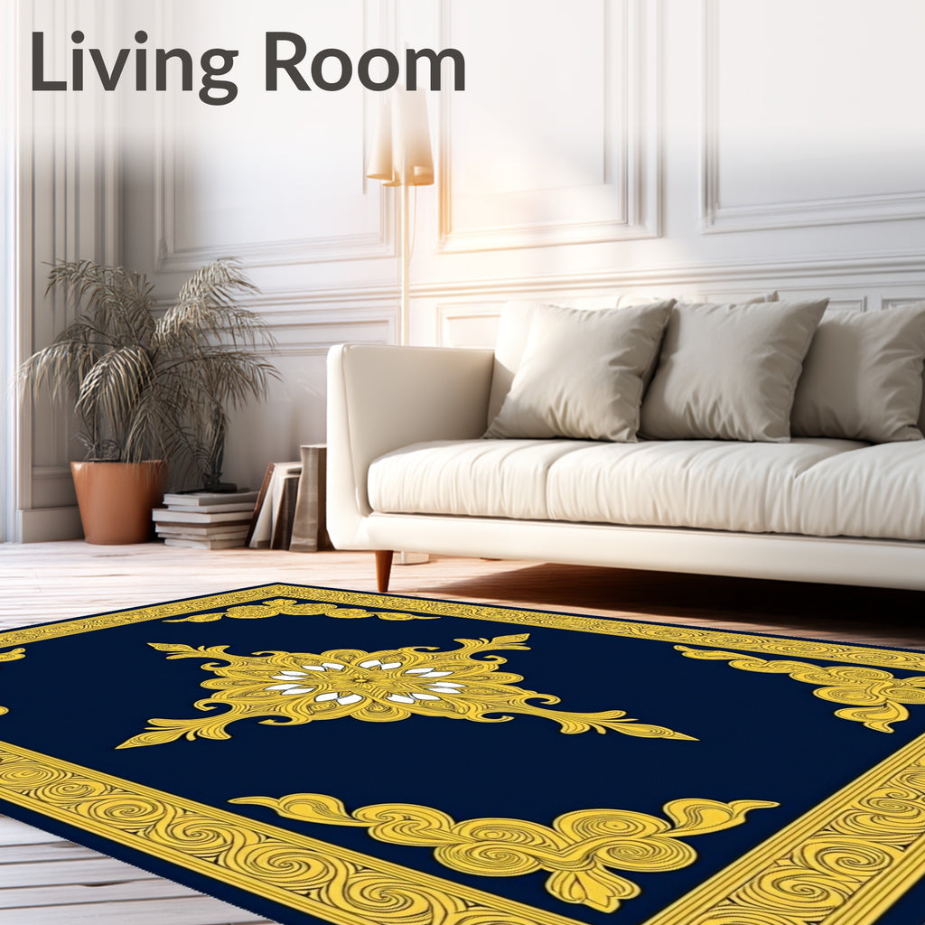 Ornate Golden Medallion Border Design Rug