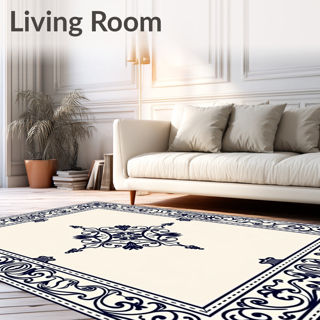 Ornate Navy Floral Scrollwork Rug