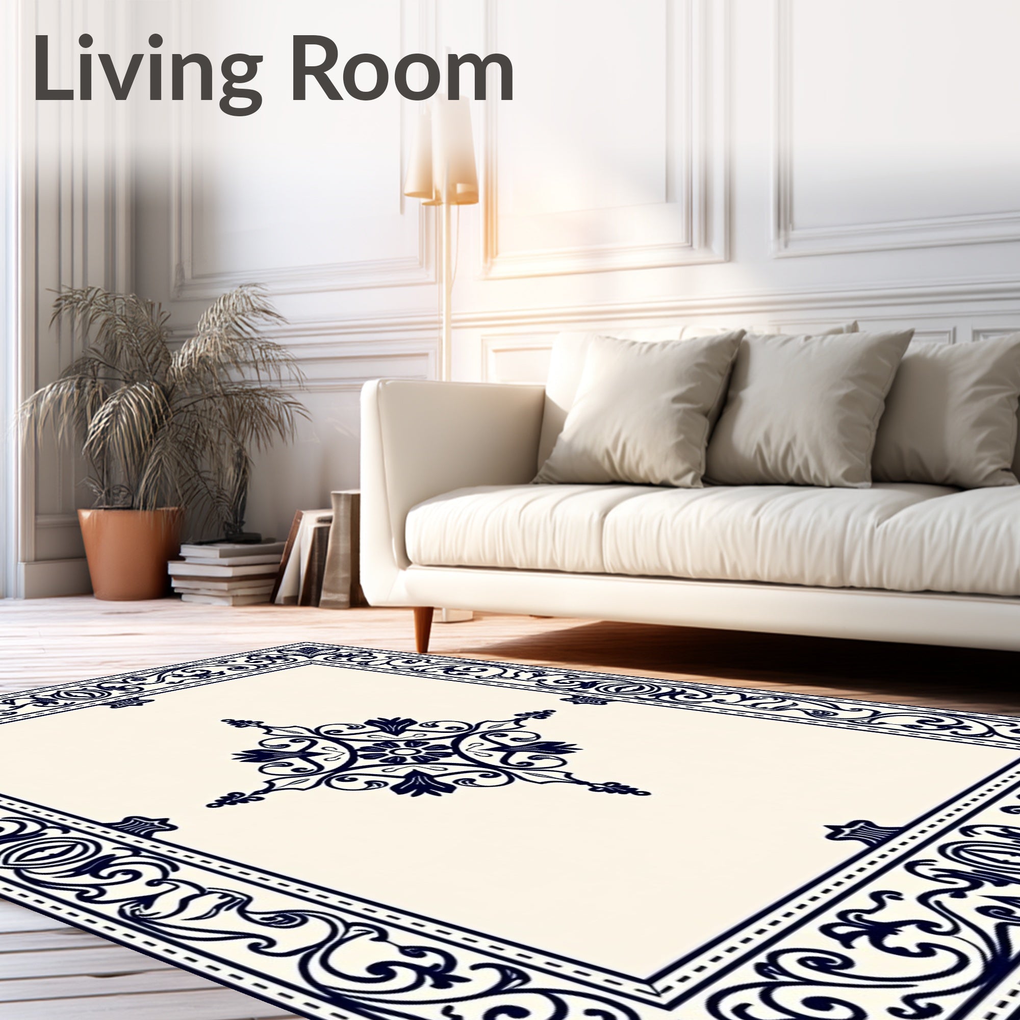 Ornate Navy Floral Scrollwork Rug