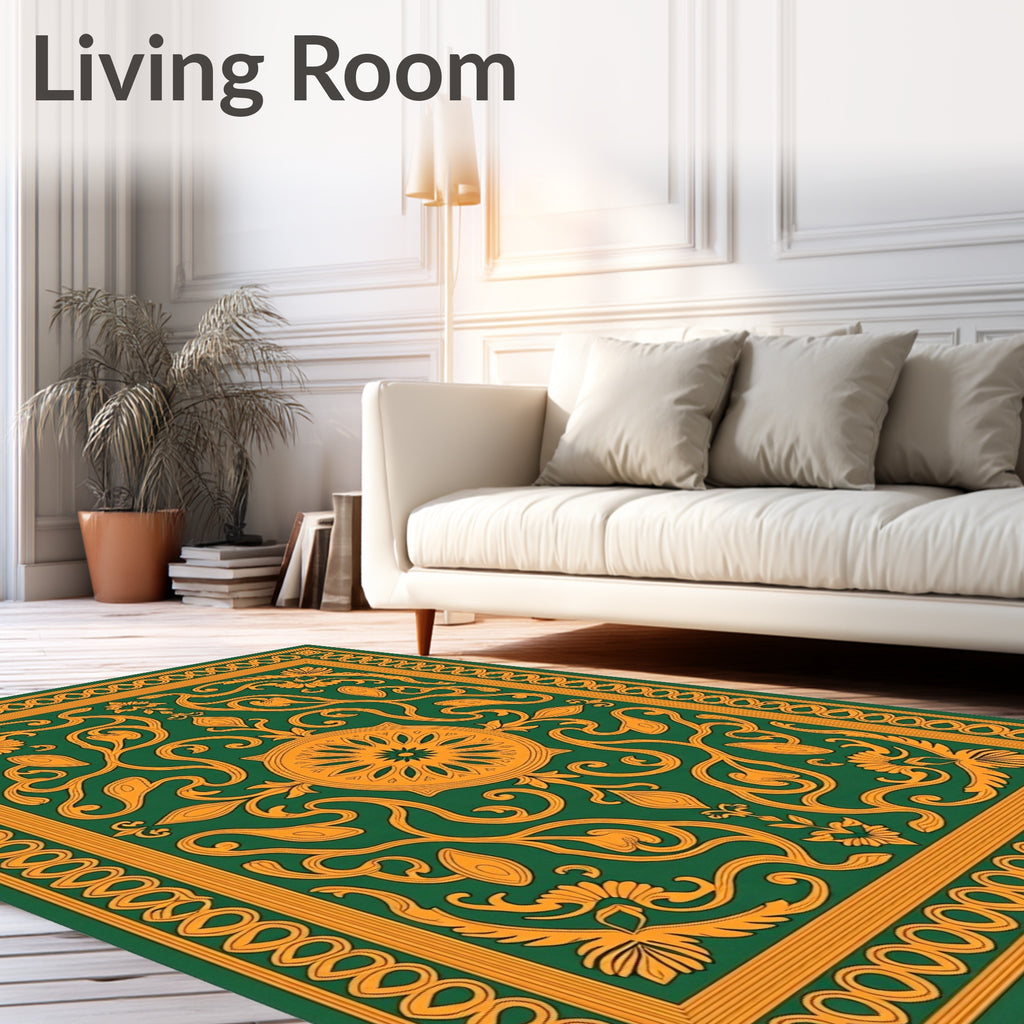 Elegant Green Orange Scrollwork Rug