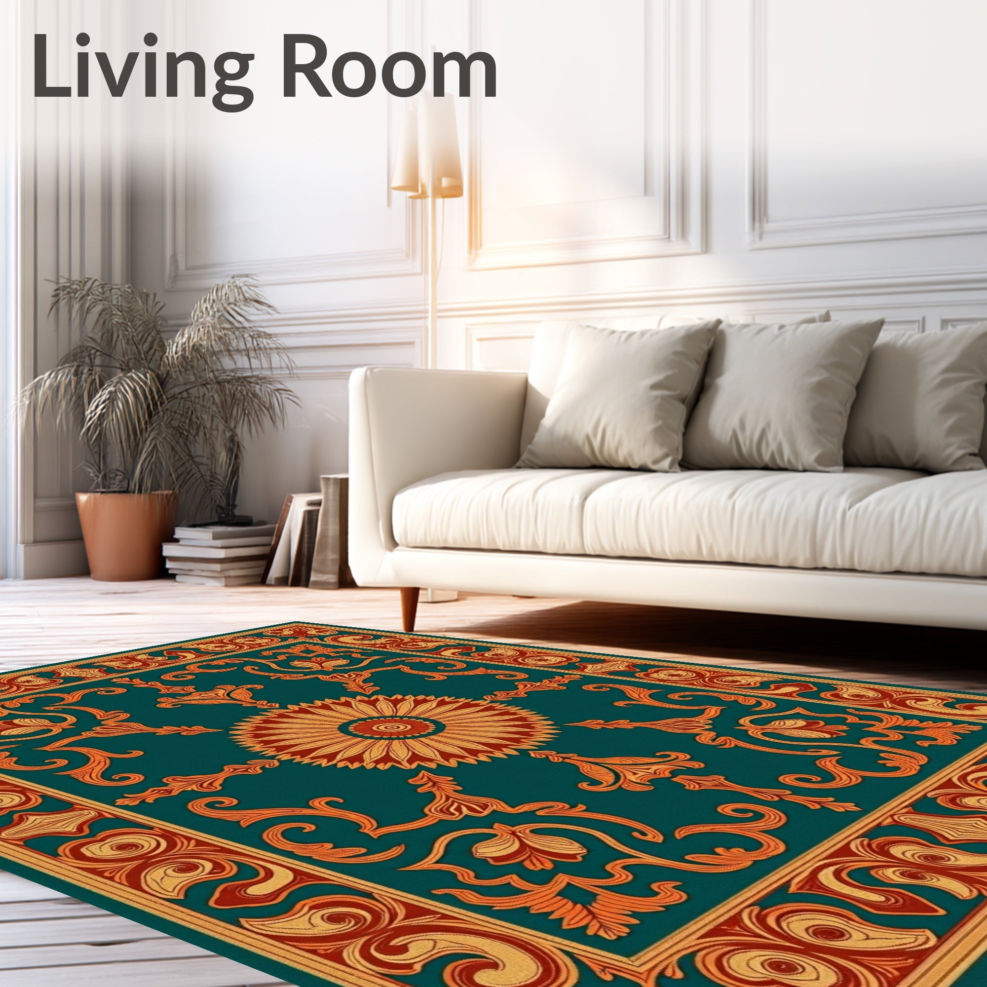 Ornate Floral Scrollwork Teal Rug
