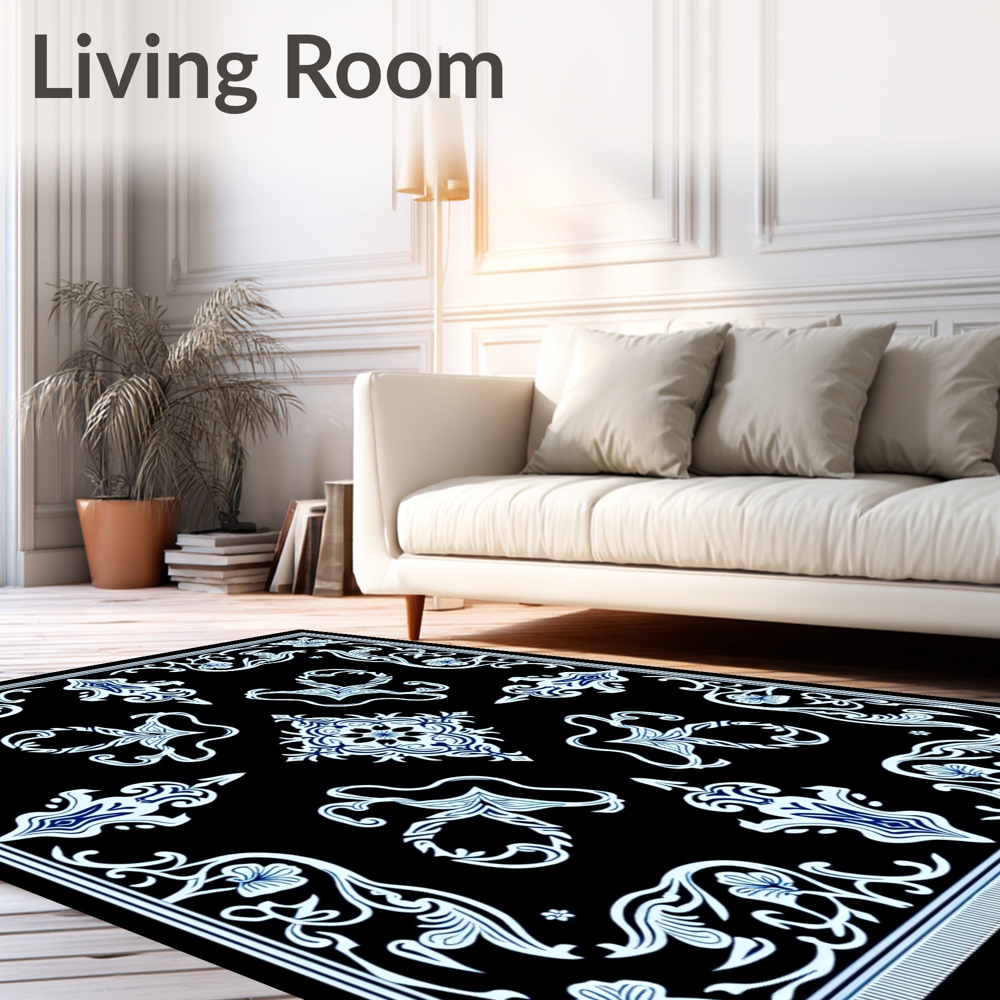 Elegant Blue Floral Medallion Black Rug