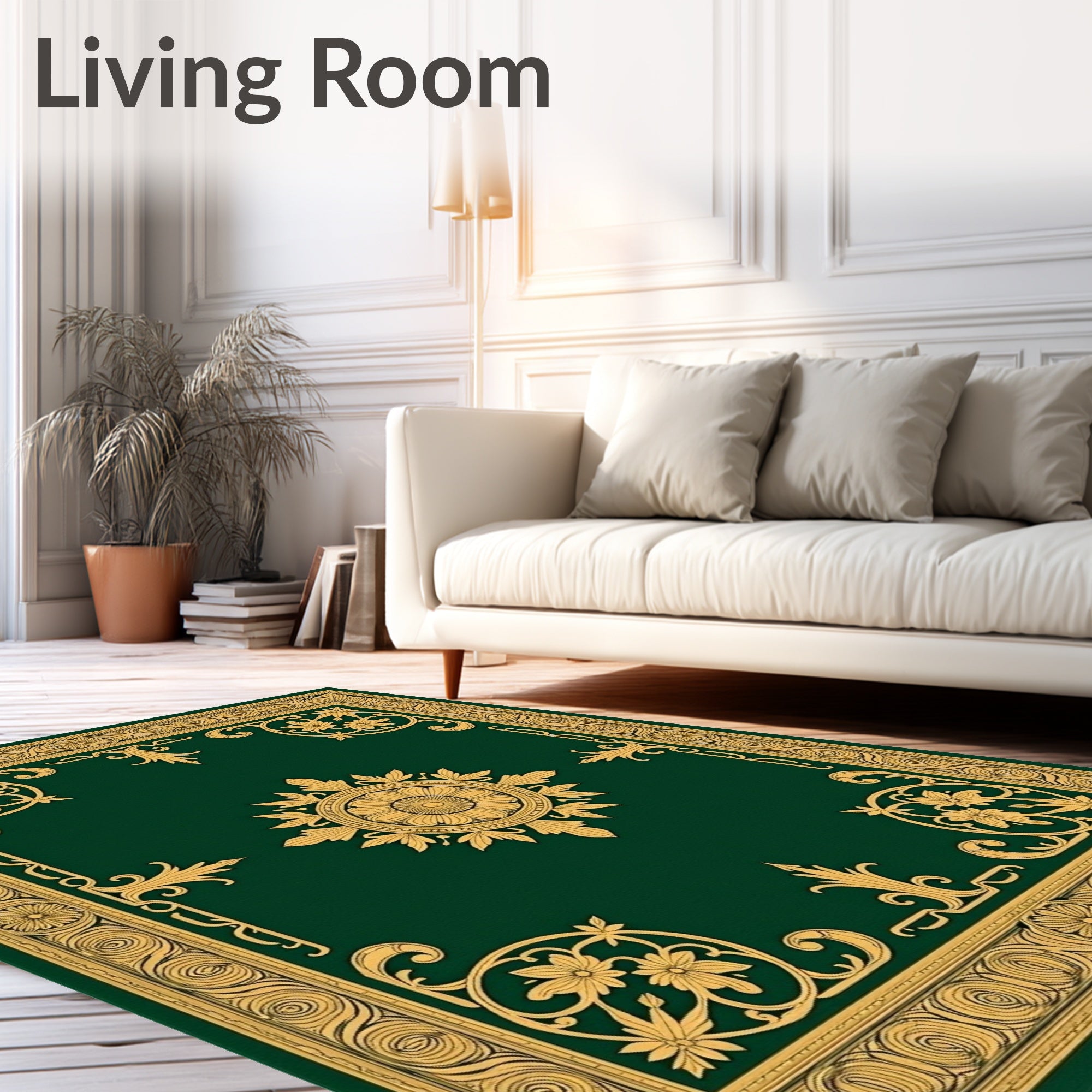 Ornate Floral Emblem Green Gold Rug