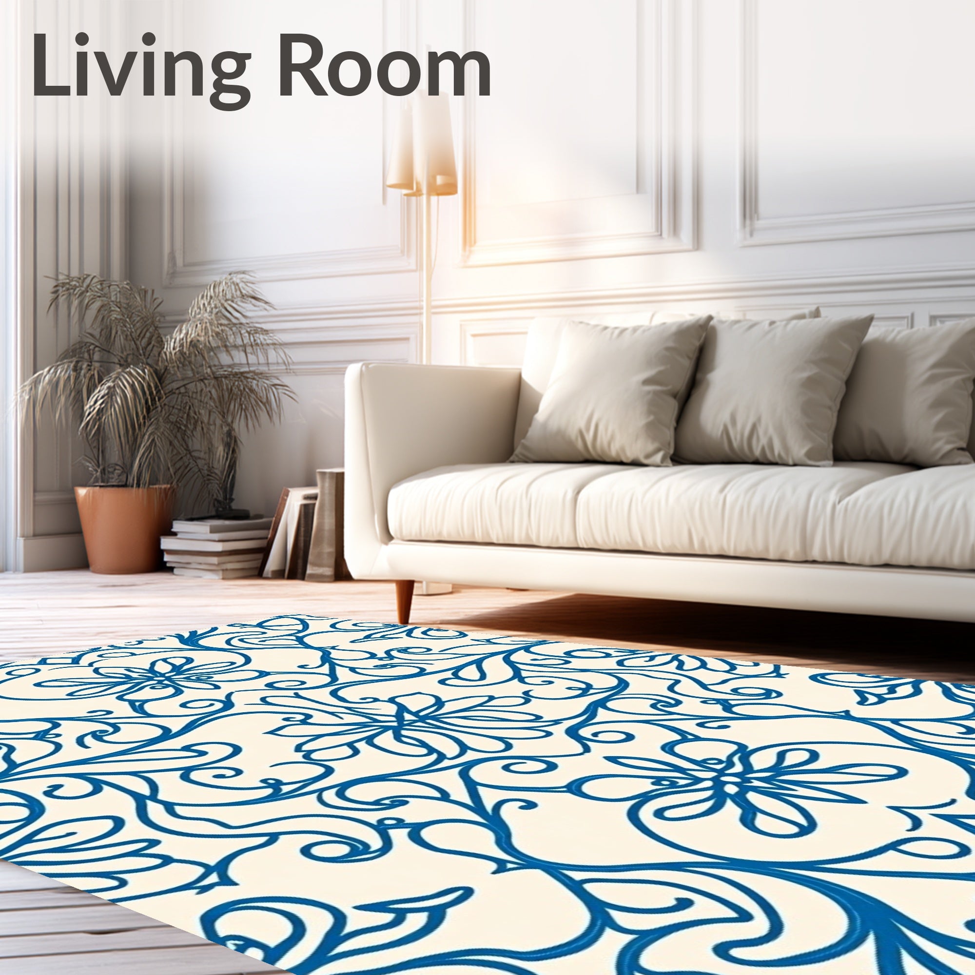 Blue Swirling Floral Vine Pattern Rug