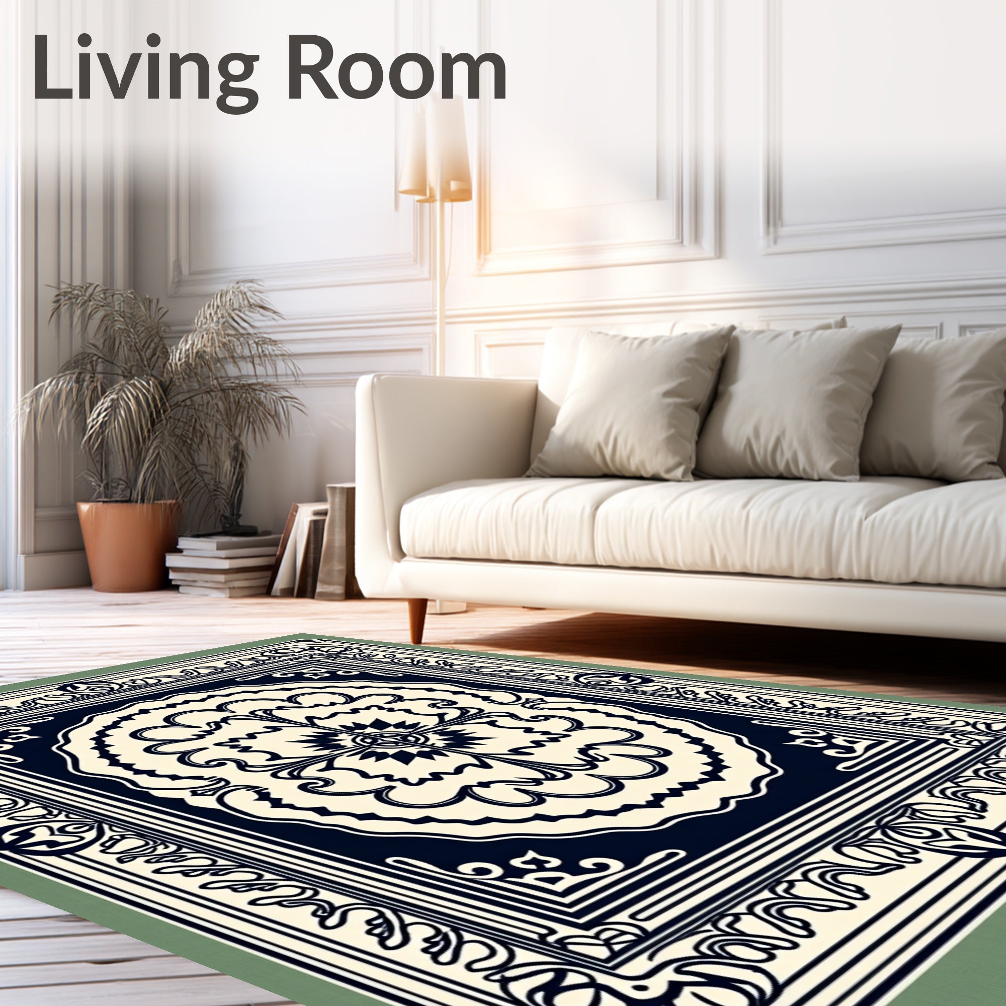 Ornate Floral Medallion Cream Navy Rug