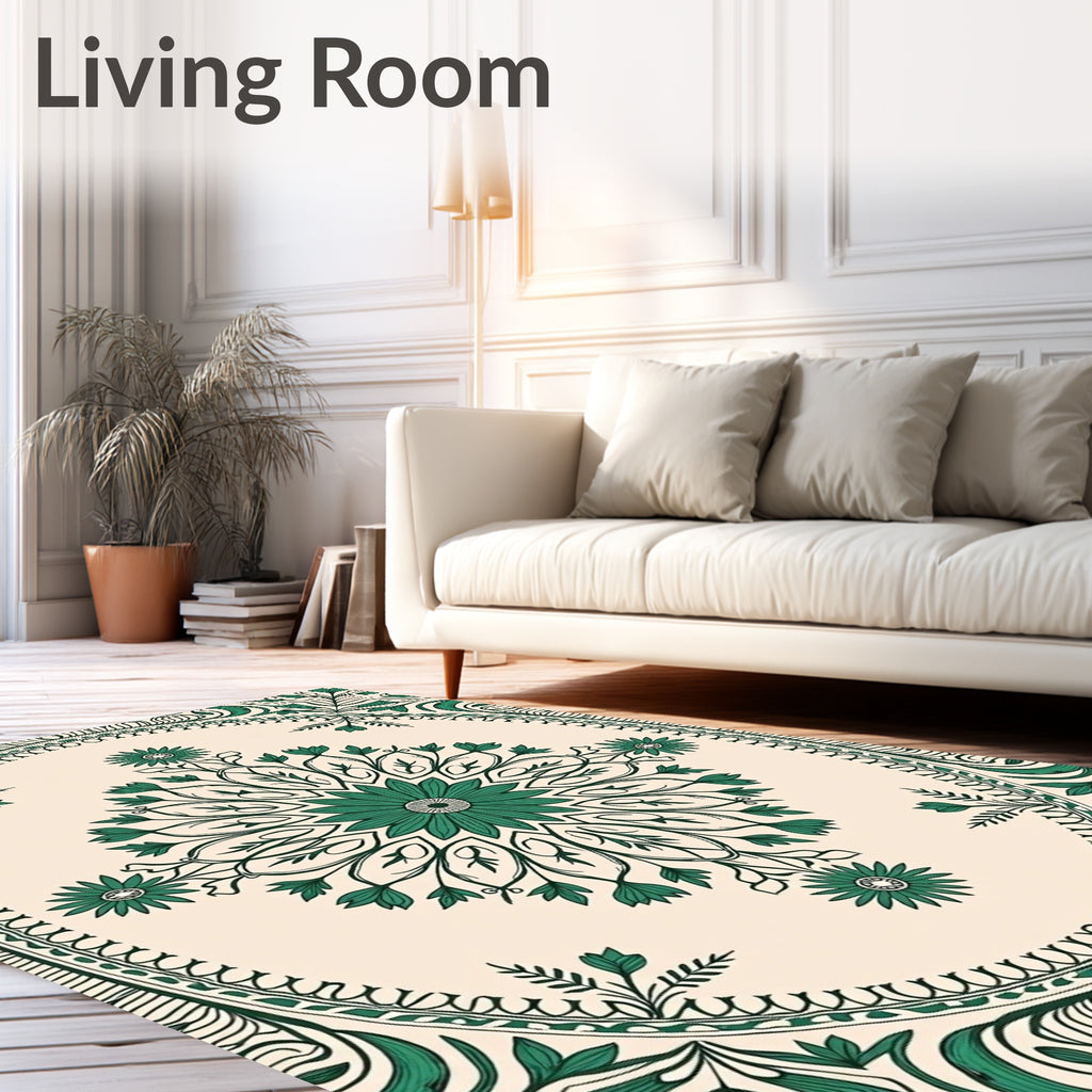 Green Floral Mandala With Vine Border Rug