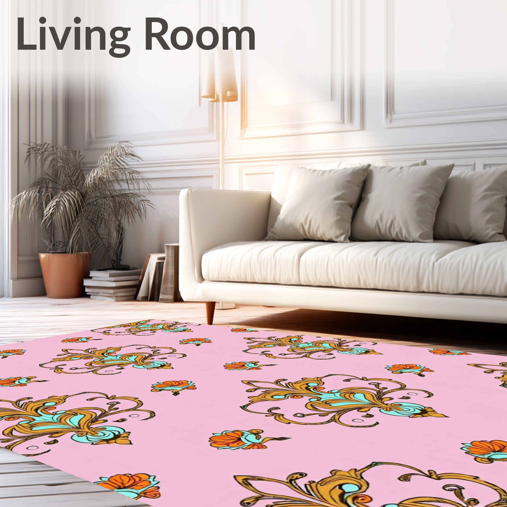 Pink Ornate Floral Gold Turquoise Pattern Rug