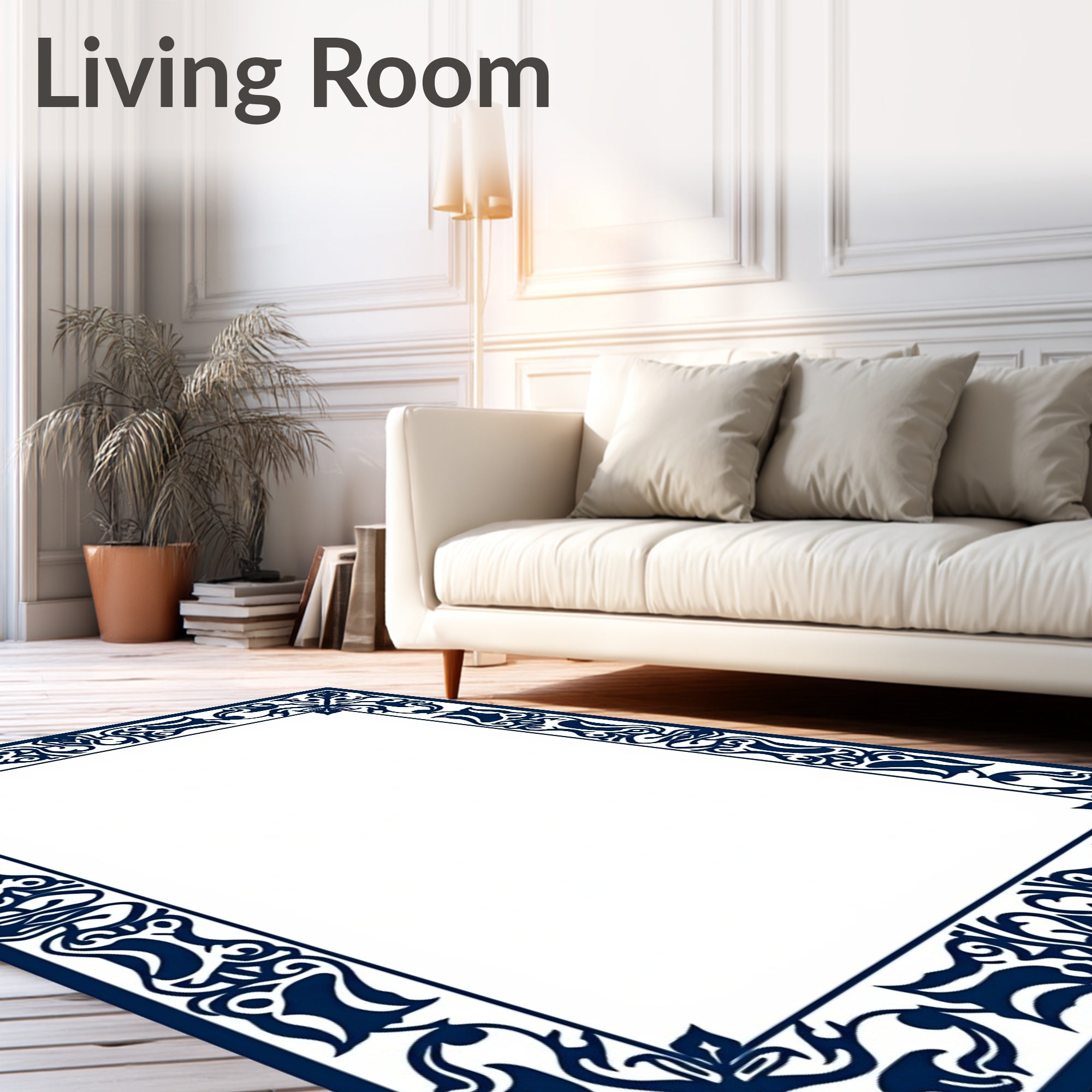 Deep Blue Ornate Scroll Border Rug