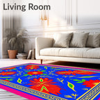 Vibrant Red Floral Blue Geometric Frame Rug