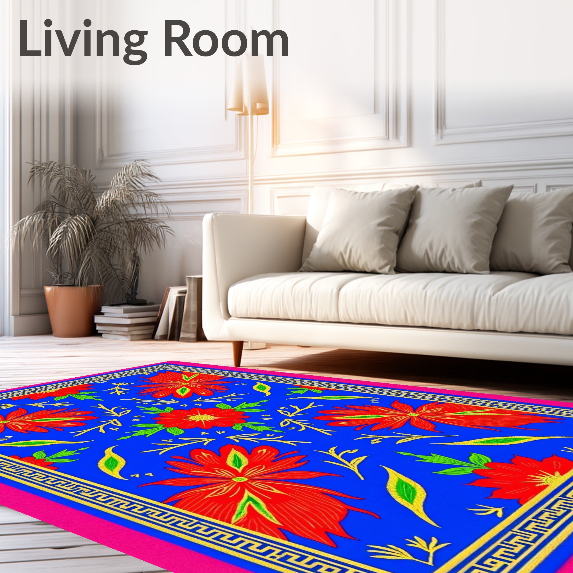 Vibrant Red Floral Blue Geometric Frame Rug