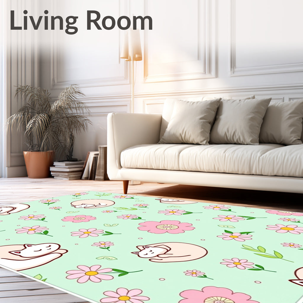Sweet Sleeping Cats Floral Print Rug
