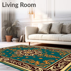 Ornate Teal Gold Floral Medallion Rug