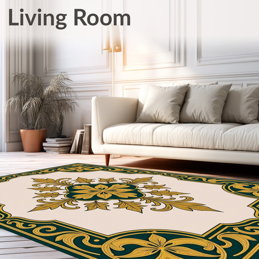 Ornate Golden Floral Border Design Rug