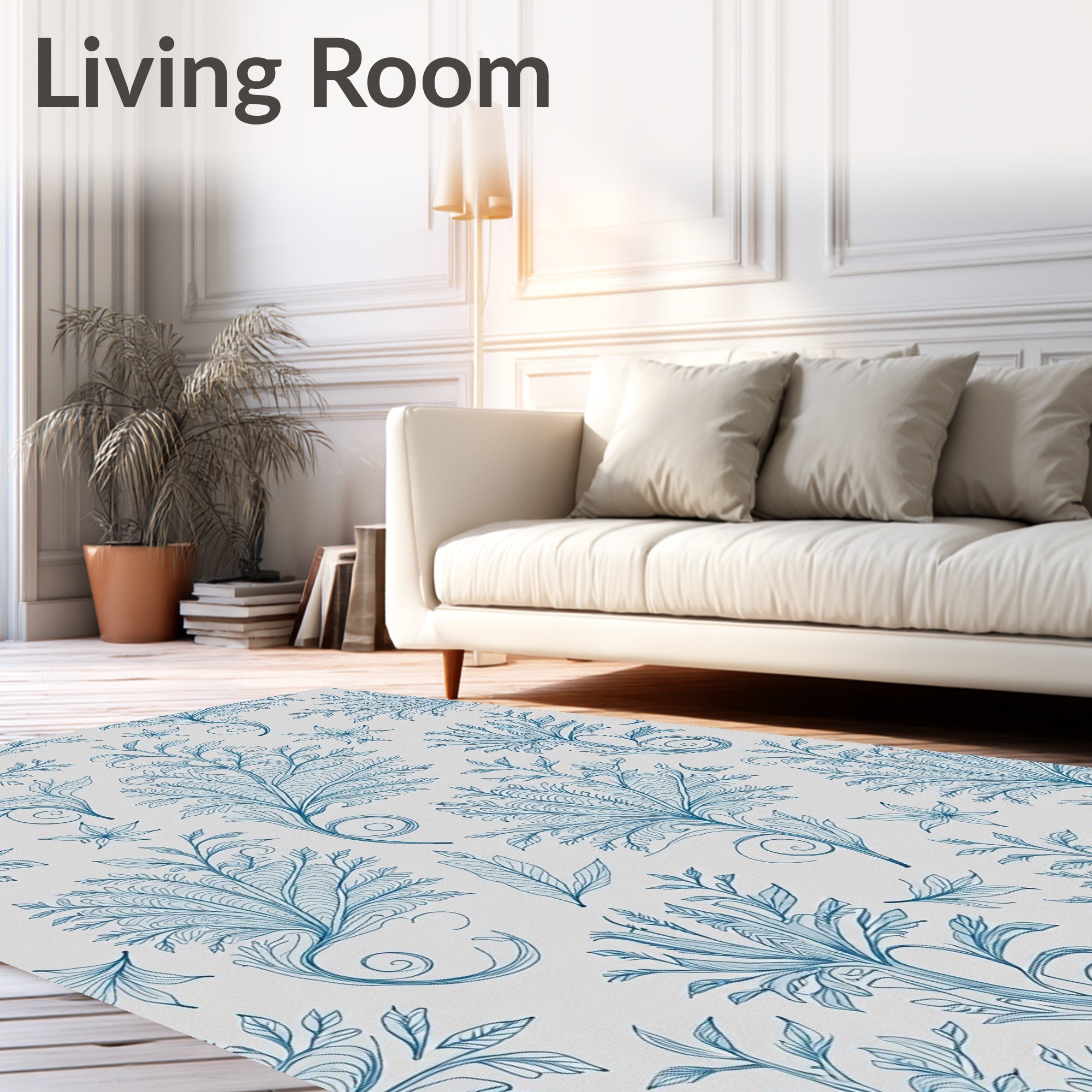 Detailed Blue Floral Swirl Motif Rug