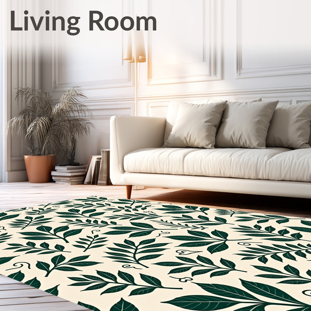 Dark Green Leafy Botanical Pattern Rug