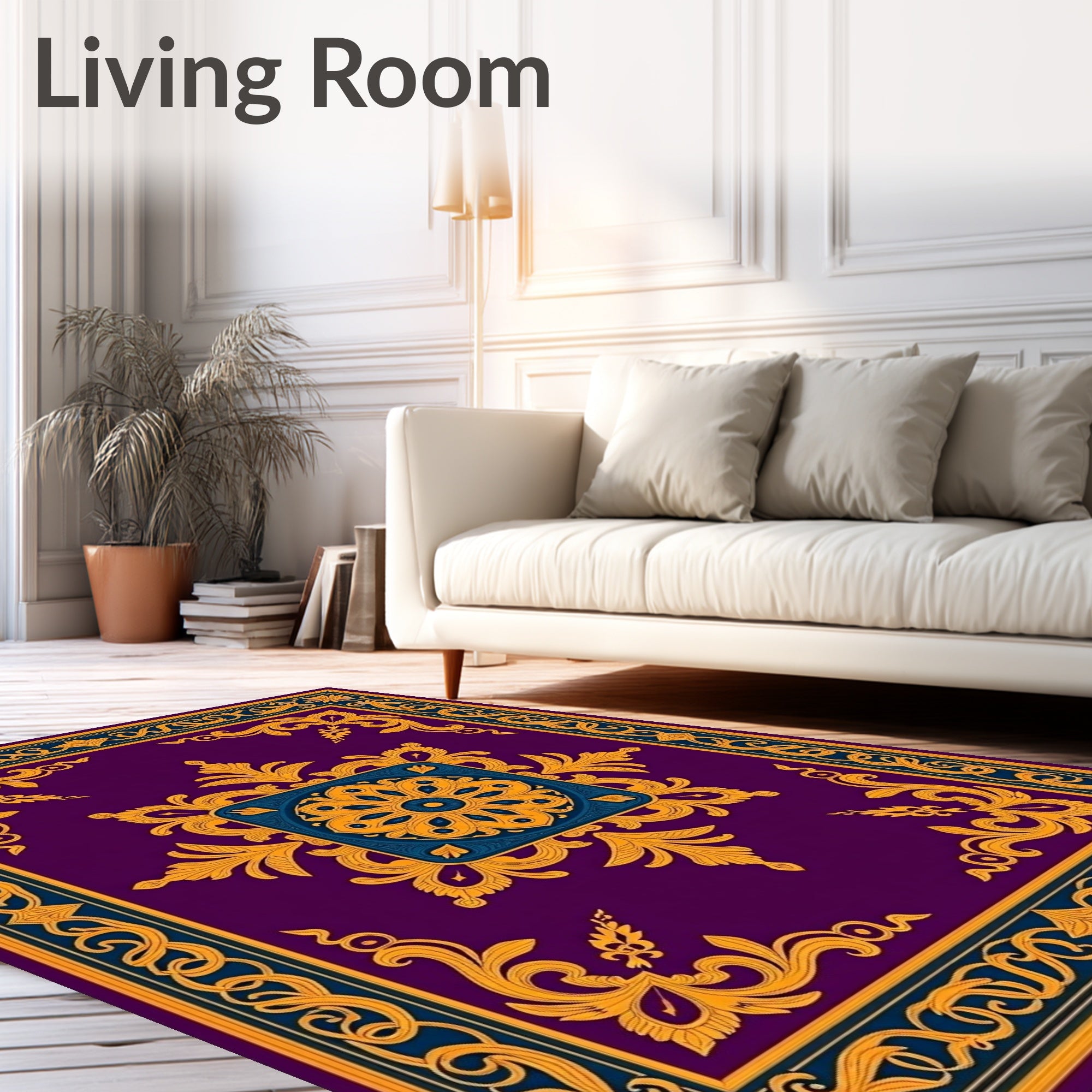 Ornate Gold Floral Medallion Pattern Rug