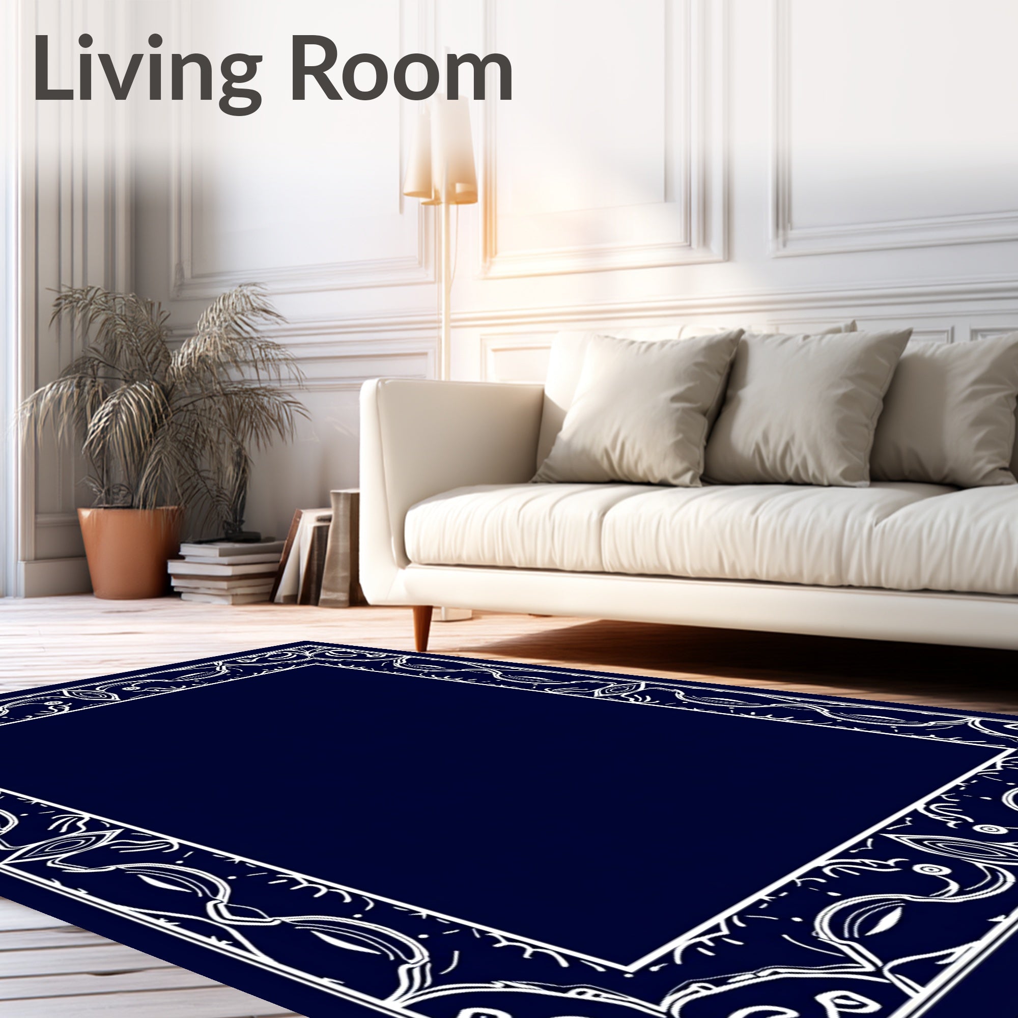 Elegant White Scroll Border Design Rug