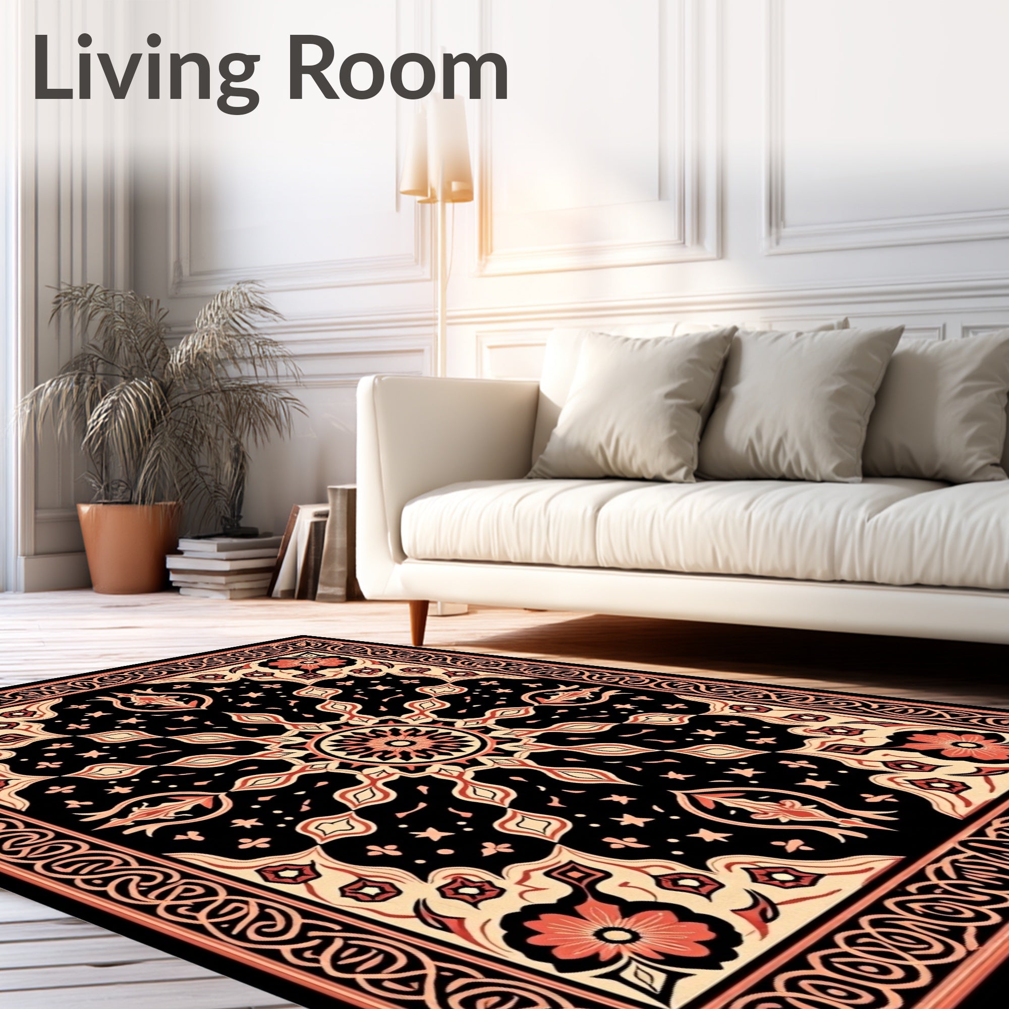 Intricate Floral Sunburst Black and Red Rug
