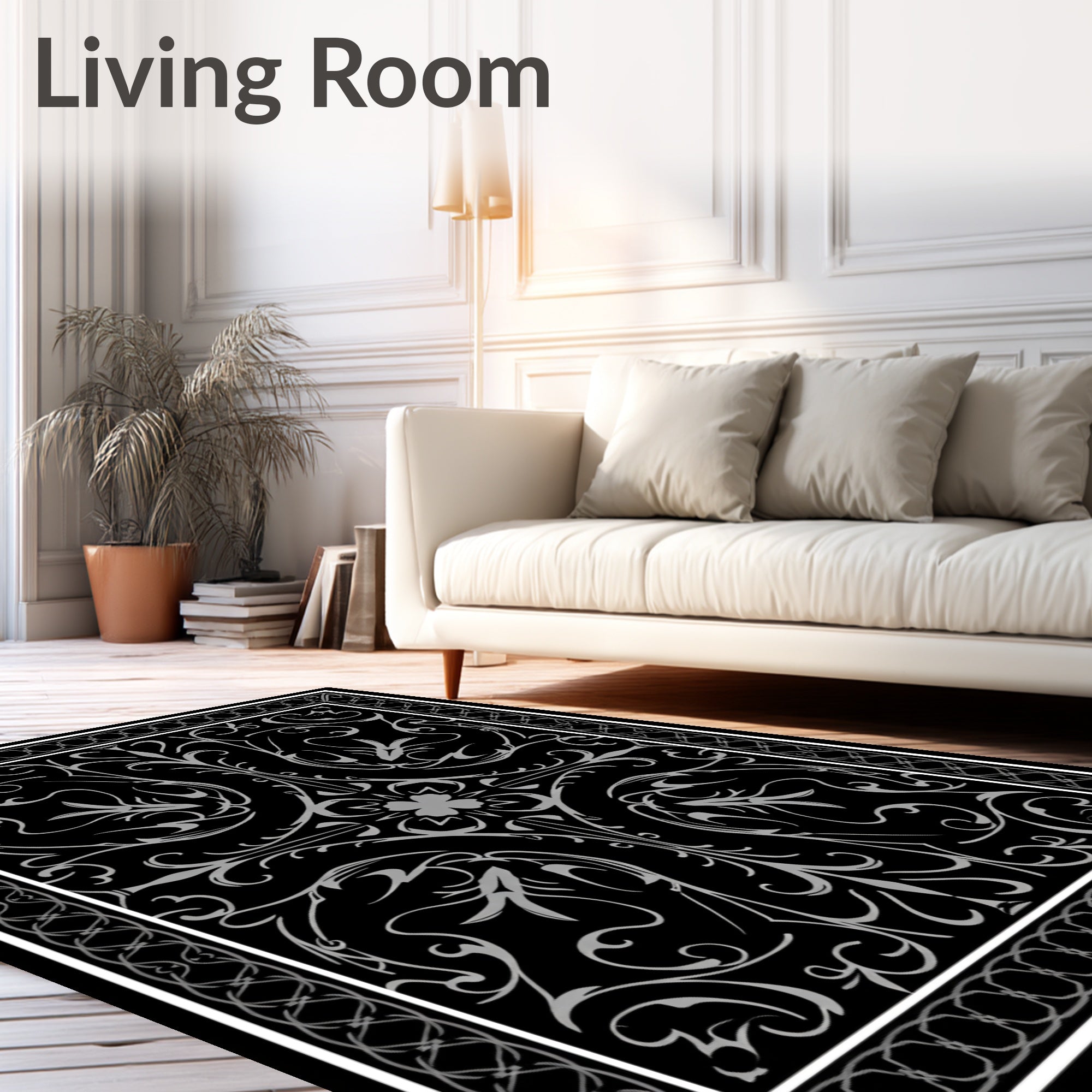 Ornate Flourish Black Gray Design Rug