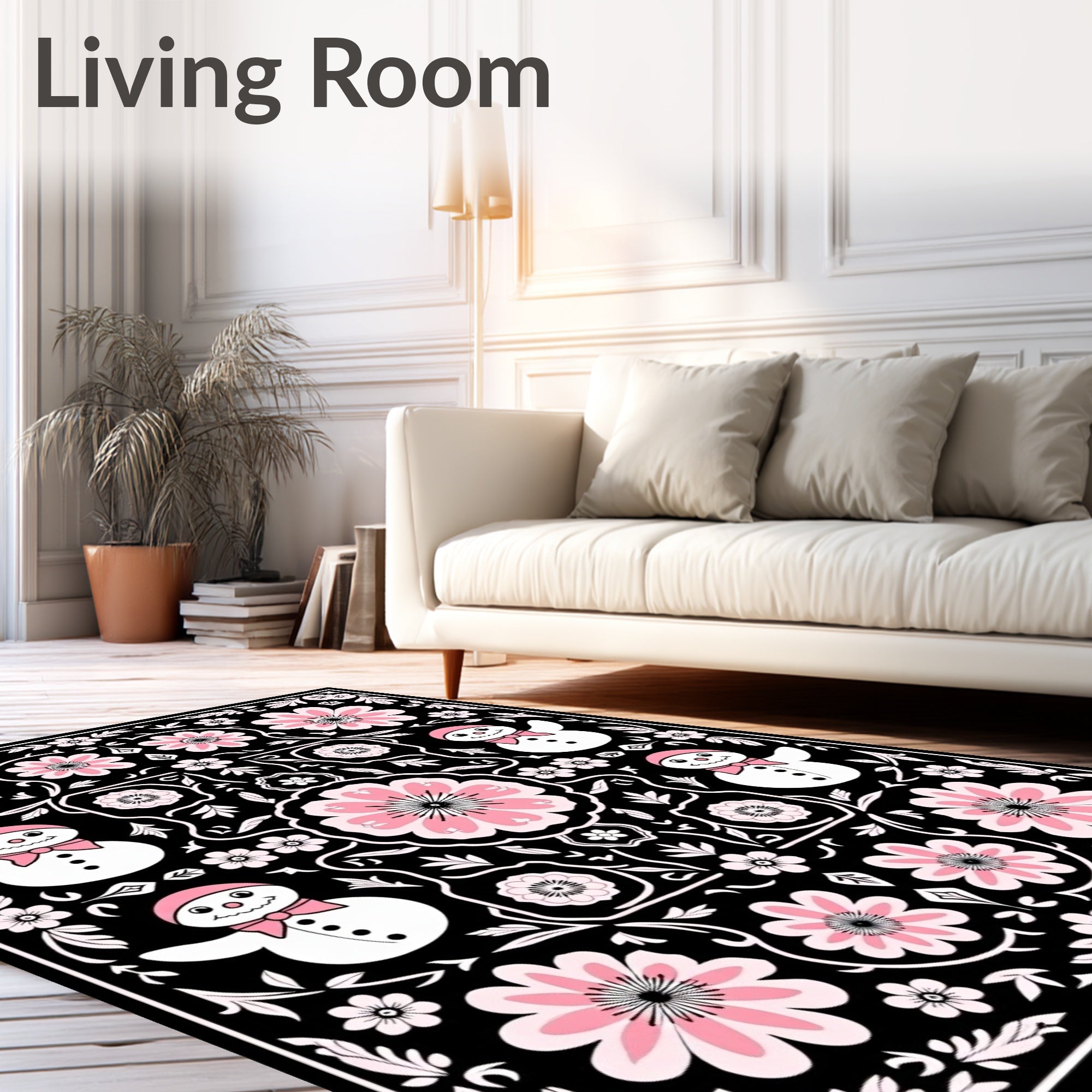Pink Snowman Floral Black Art Rug