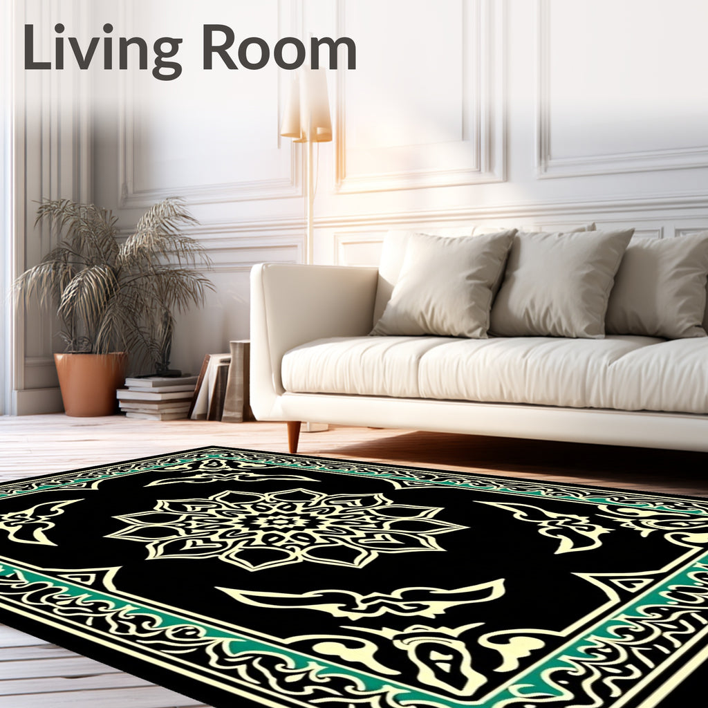 Black Cream Mandala Border Design Rug