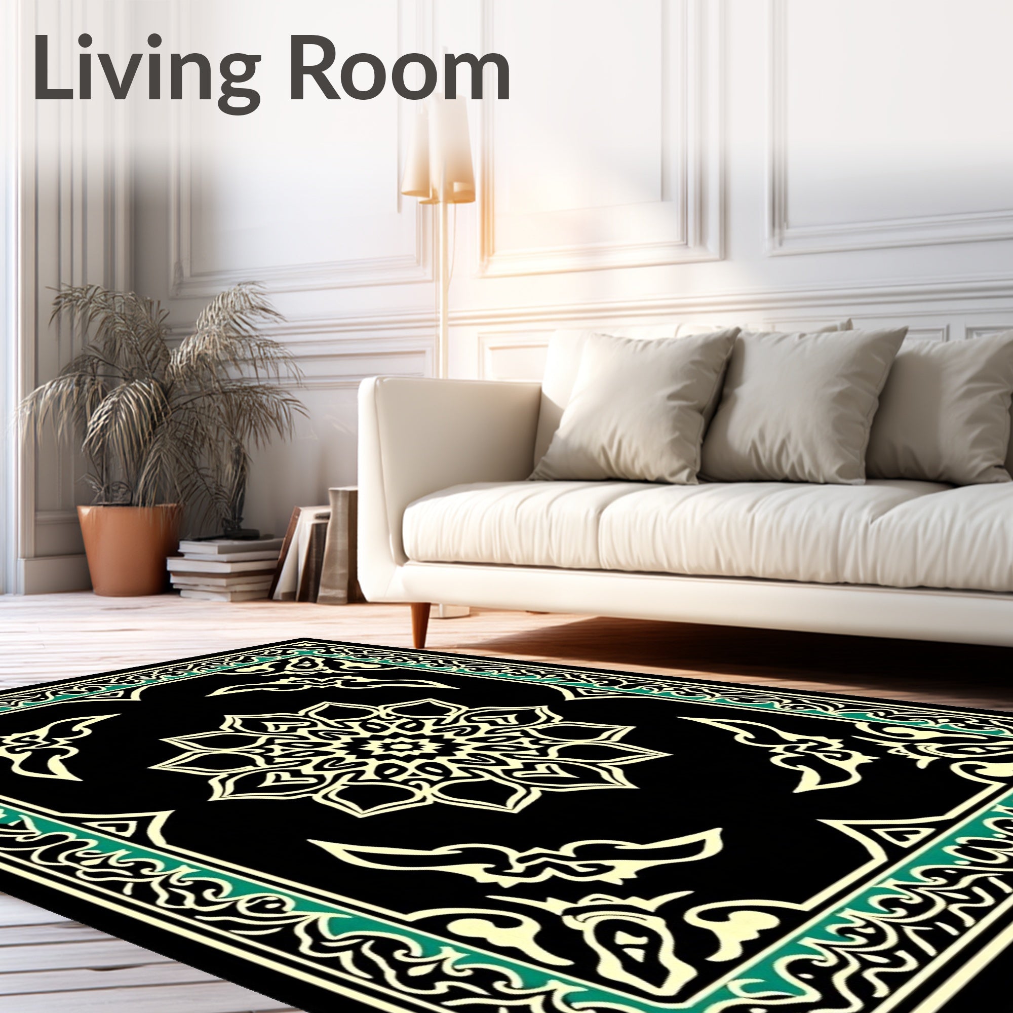 Black Cream Mandala Border Design Rug