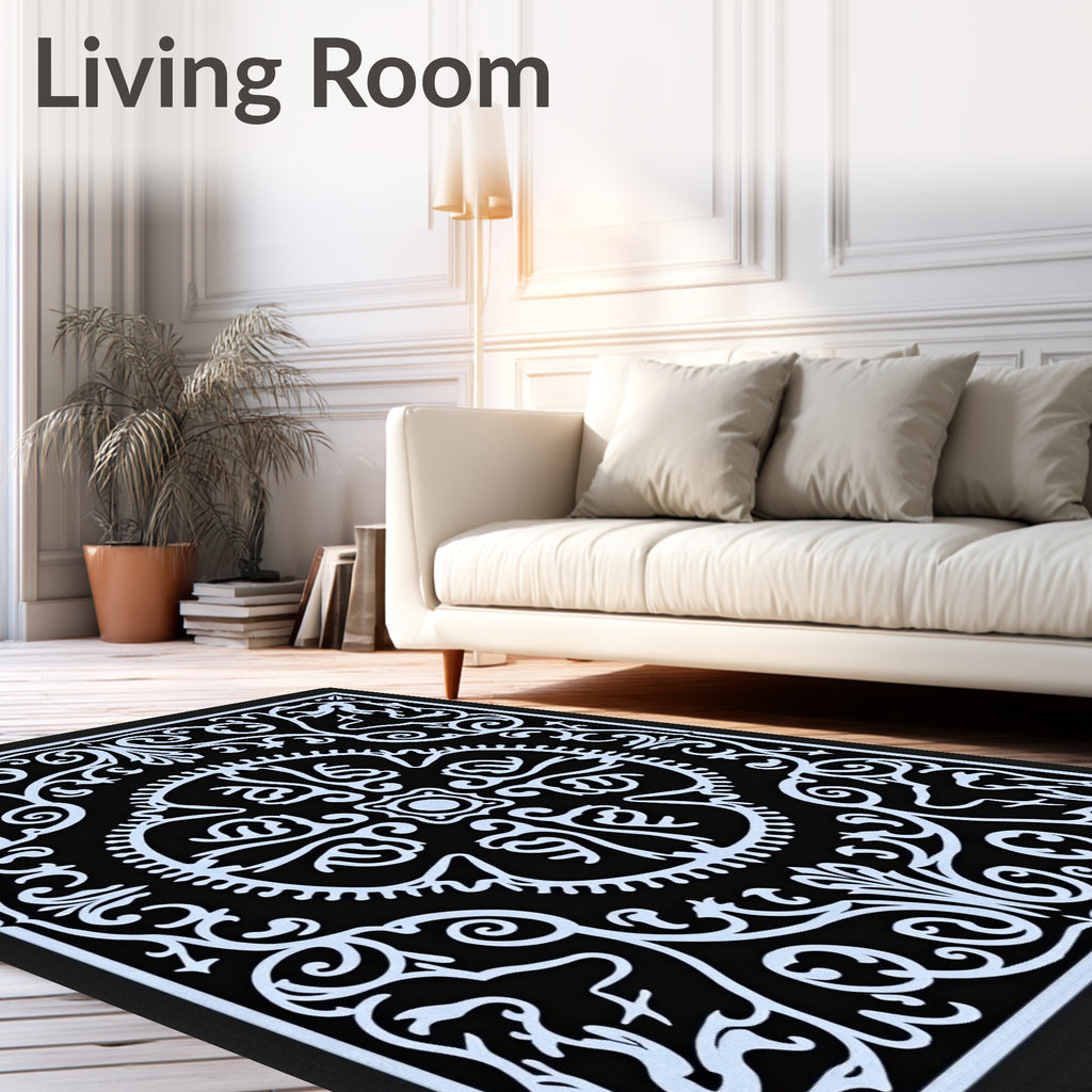 Ornate Black And White Floral Rug